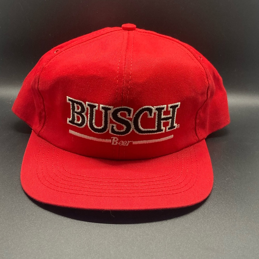Vintage 90s Busch Beer Red Snap Back Hat Embroidered logo